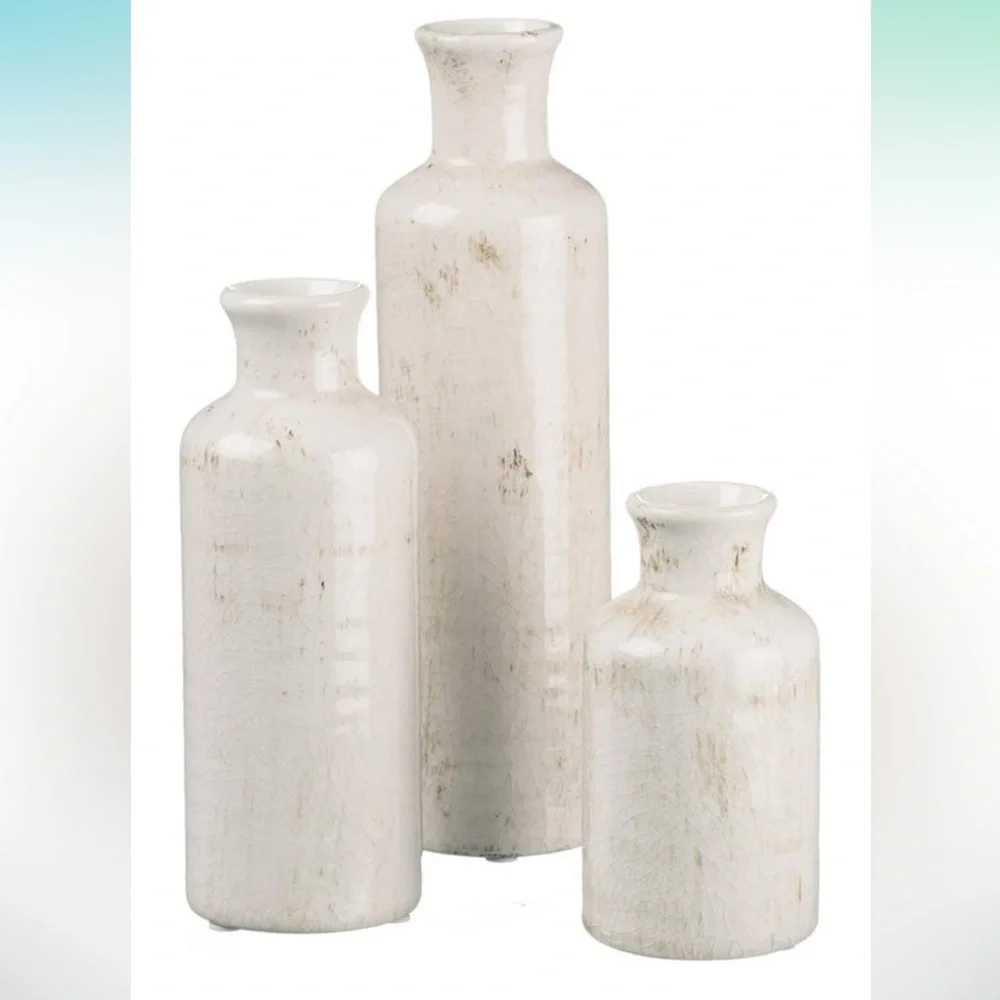Farmhouse Ceramic Rustic Vases - Set of Three in Distressed Off-White